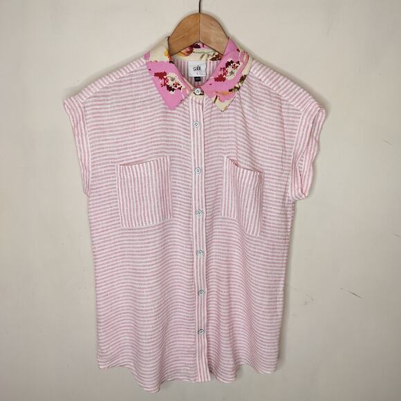 Cabi 6512 Merger Top Pink Stripe Floral Collar Button Up - Picture 1 of 11